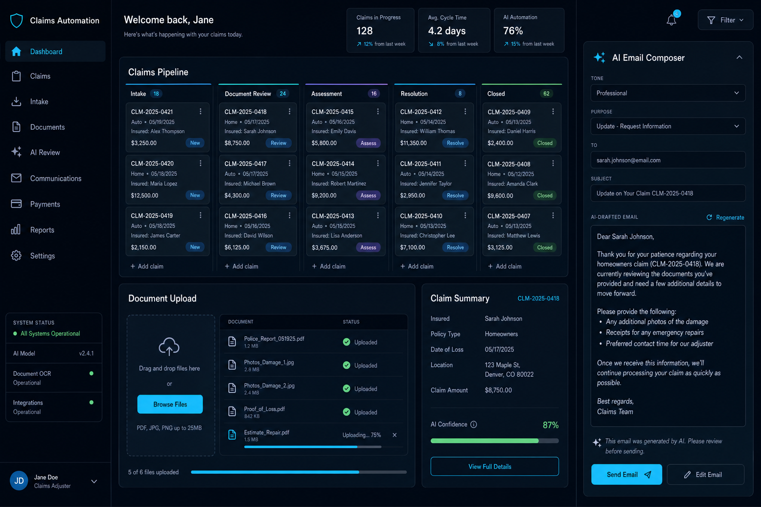 Claim Commander AI dashboard showing the claims pipeline, document upload panel, and AI email composer